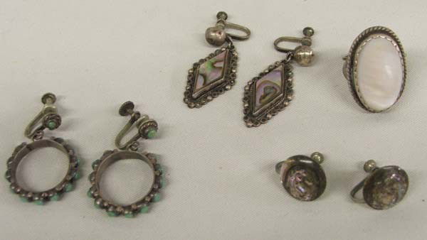 Estate Mexican Silver Jewelry: Vintage Lot Miscellaneous Mexican Jewelry. 3 pair earrings and 1 ring size 8. Silver, Mother of pearl, Abalone shell, Turquoise. Buyers Pay Actual Shipping and Handling Charges(see terms and condition