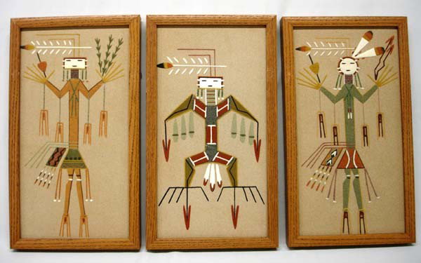3 Framed Native American Navajo Sand Paintings: 3 Framed Native American Navajo Sand Paintings. Each is made by Wilson Price of Sheep Springs, Tohatchi, New Mexico. One painting is a Thunderbird and the other two are Yei figures, one male and one f