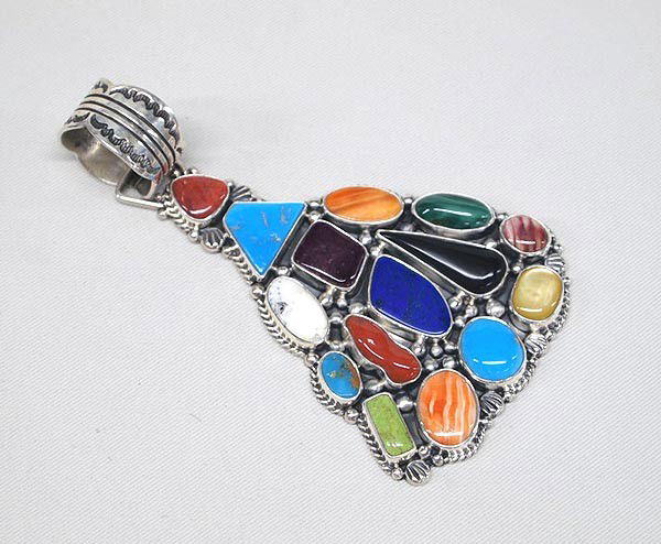 Native American Navajo Pendant by Chee: Native American Navajo Silver, Turquoise, Coral, Buffalo Turquoise, Lapis, Spiny Shell, MOP, Jet, & Malachite Pendant by Leonard Chee, measures 4'' x 2.25''. Buyers Pay Actual Shipping and Handling Ch