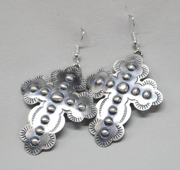 Native American Navajo Silver Earrings by Yazzie: Native American Navajo Silver Cross Earrings by Tim Yazzie, measures 2'' x 1.5''. Buyers Pay Actual Shipping and Handling Charges(see terms and conditions for more information).