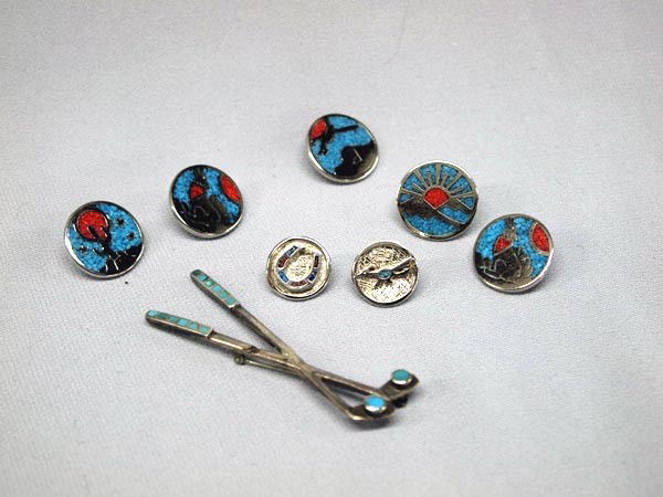 Native American Navajo Pin plus: Navajo Silver Turquoise Golf Pin, plus 7 Ball German Silver Golf Tee Markers. The golf clubs pin measures 2.5'' long. 5 markers are 3/4'' diameter (some have hallmarks) and 2 are 1/2''. Buyers Pay Act