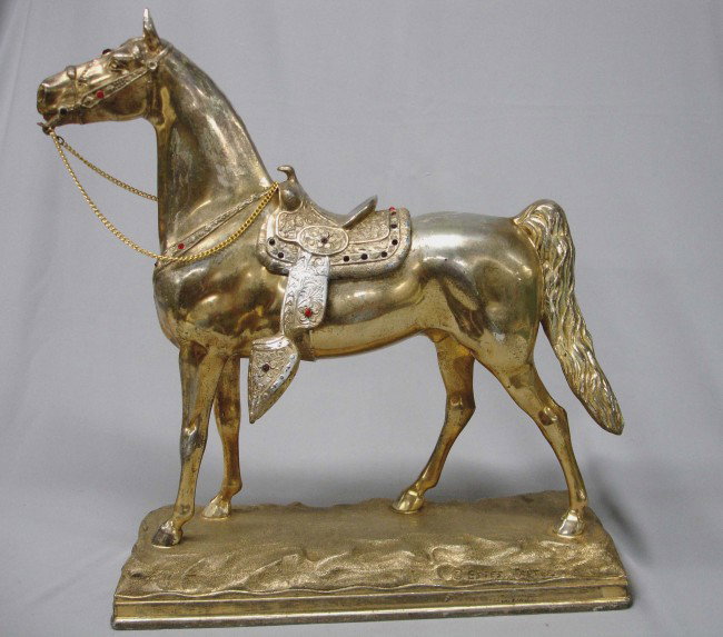 1940 Brass Metal Cowboy Horse Statue by Tarter: 1940 Lg Vintage Metal Cowboy Horse Statue, has Rhinestone encrusted saddle, halter, and breastplate made by Estes Tarter. Buyers Pay Actual Shipping and Handling Charges(see terms and conditions for m