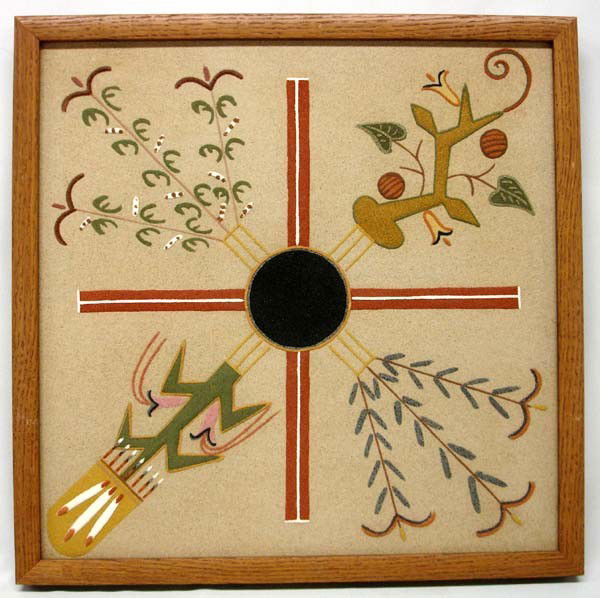 Native American Framed Navajo Sand Painting by Lee: Native American Framed Navajo Sand Painting by David Lee. Hand written description on back of painting. Wood frame. Visual measures 12.6''x12.5''. Buyers Pay Actual Shipping and Handling Charges(see t