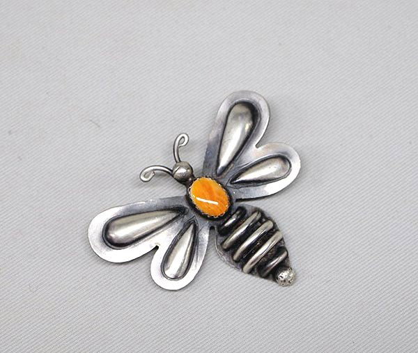 Native American Navajo Bumblebee Pin by Tim Yazzie: Native American Navajo Silver & Red Spiny Shell Bumblebee Pin by Tim Yazzie, measures 1.5'' x 1.75''. Buyers Pay Actual Shipping and Handling Charges(see terms and conditions for more information).