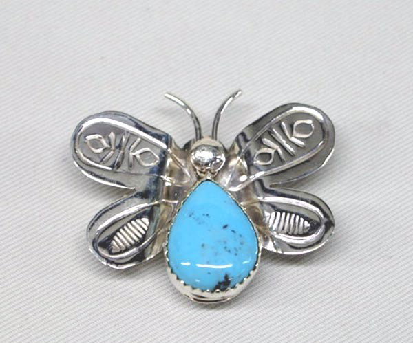 Native American Navajo Butterfly Pin by Yazzie: Native American Navajo Silver & Turquoise Butterfly Pin by Tim Yazzie, measures 1.5'' x 1.75''. Buyers Pay Actual Shipping and Handling Charges(see terms and conditions for more information).