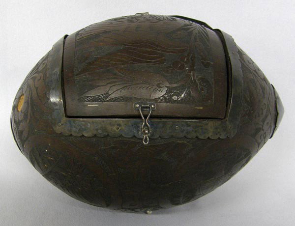 Antique Carved Coconut Lidded Box: Antique Carved Coconut Lidded Box, ca 1880 Mexican Prisoner Craft; Many Symbols. Measures approx. Measures approx. 4.75''Hx7''Lx4.5''W. Buyers Pay Actual Shipping and Handling Charges(see terms and co