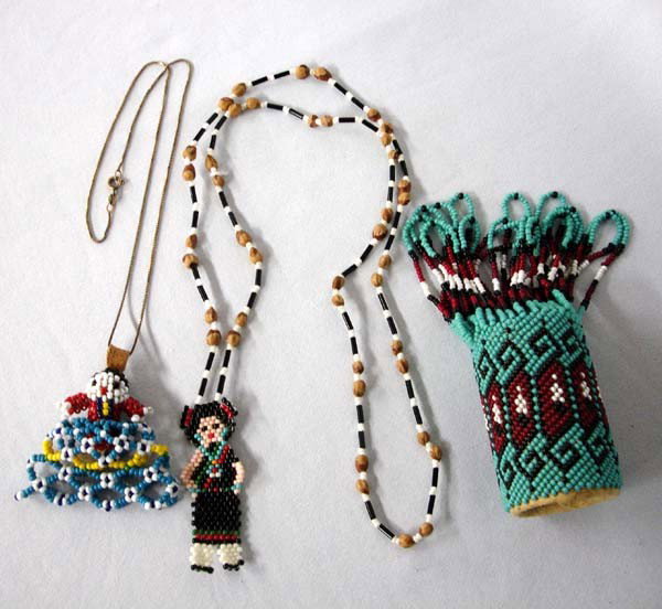 Native American Zuni Beadwork : 3 Native American Zuni Beadwork, 2 Necklaces (1 on chain) and 1 unknown, Longest necklace measures 29'' end to end and Pendant measures 2.25'', the large unknown piece measures 1 5/8'' dia. and 4.75''