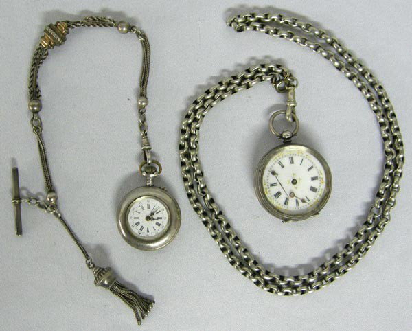 Vintage Silver Pocket Watches: Vintage Silver Pocket Watches, neither runs. One on antique silver watch fob, the other on long silver chain. Buyers Pay Actual Shipping and Handling Charges(see terms and conditions for more informat