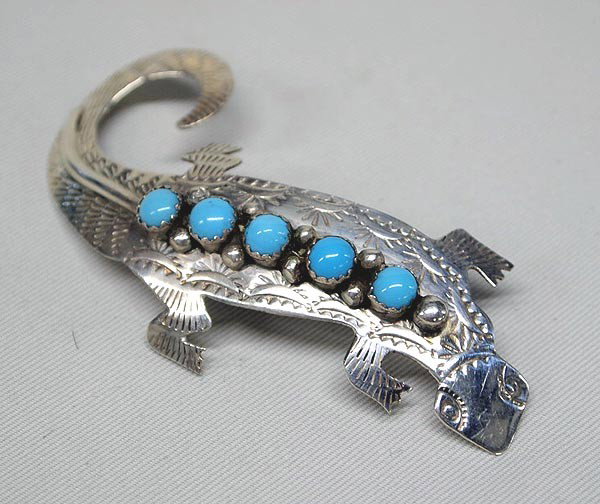 Native American Navajo Lizard Pin by Tim Yazzie: Native American Navajo Silver & Turquoise Lizard Pin by Tim Yazzie, measures 2.75'' x 1.25''. Buyers Pay Actual Shipping and Handling Charges(see terms and conditions for more information).