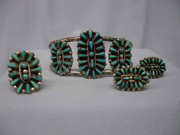 Native American Zuni Ring, Necklace & Earrings: Native American Zuni Petit Point Silver & Turquoise Ring, Necklace & Earrings Set, Screw back Earrings measure .75'' x .5'', Ring is size 4.25, and Bracelet measures 1''W x 6'' inside. Buyers Pay Actu