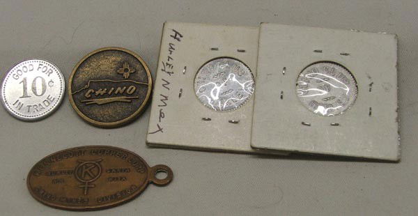 5 Mining Tokens: 5 Mining Tokens, 1 Kennecott Hurley Chino Mine Division, 1 Chino ''Spend Time on Safety Buy Security'', 3 Chino Club of Hurley Tokens Good for 10 cents in trade, largest measures approx. 2'' x 1''. Bu