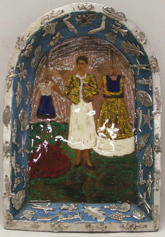 Frida Kahlo Retablo With Milagros Charms: Frida Kahlo Retablo With Milagros Charms. Measures approx. 13.75'' x 9.5'' x 1.5''. Buyers Pay Actual Shipping and Handling Charges(see terms and conditions for more information).