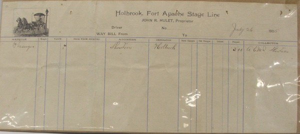 1905 Original Ledger Page-Fort Apache Stage Line: 1905 Original Ledger Page of Fort Apache Stageline. Title of page is, ''Holbrook, Fort Apache Stage Line.'' Measures 16.75''x7.25''. Buyers Pay Actual Shipping and Handling Charges(see terms and condi