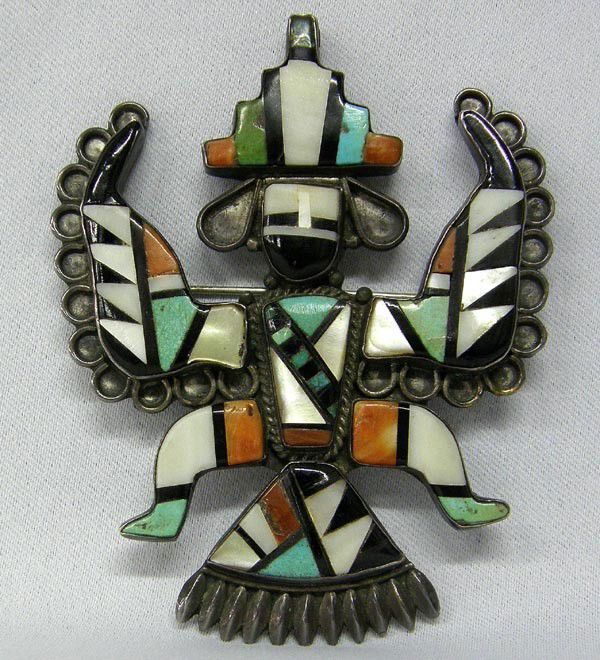 Older Native American Zuni Knifewing Pin: Older Native American Zuni Knifewing Pin with Stone to Stone Inlay. Measures approx. 3.25''Hx2.5''W. Buyers Pay Actual Shipping and Handling Charges(see terms and conditions for more information).