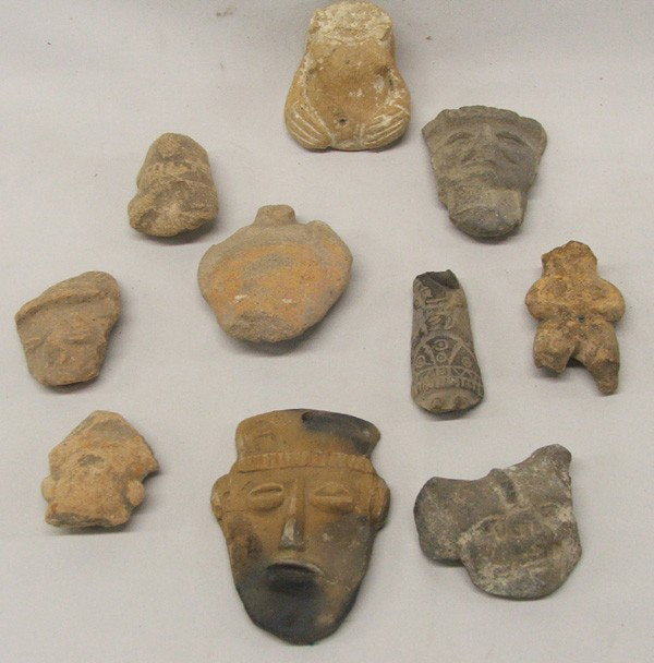 Prehistoric PreColumbian Throws: 10 Prehistoric PreColumbian Head and Body Throws. Largest head measures approx. 4''H x 3 3/4''W. Buyers Pay Actual Shipping and Handling Charges(see terms and conditions for more information).