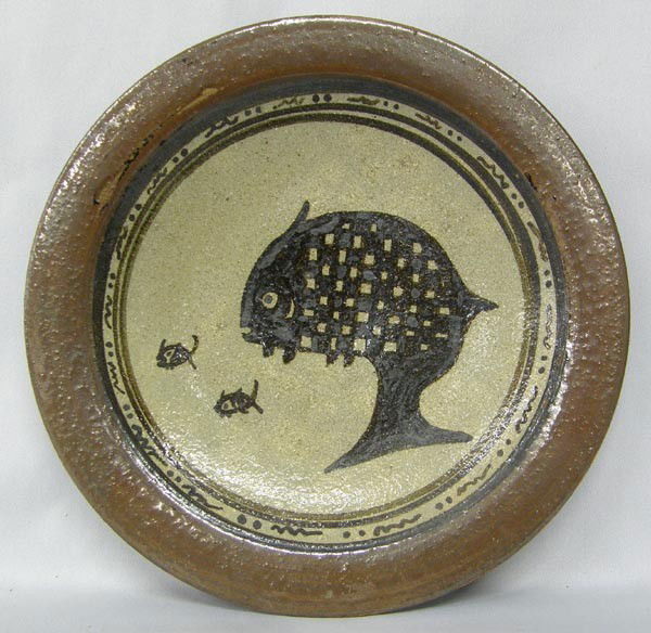 Stoneware Bowl with Mimbres Fish Design: Mimbres Fish Design Stoneware Bowl. Measures approx. 9.5'' diameter x 1''H. Buyers Pay Actual Shipping and Handling Charges(see terms and conditions for more information).