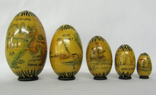 Russian World Map Nesting Eggs: Russian World Map Nesting Eggs. Largest egg measures approx. 3.5'' x 2''. Buyers Pay Actual Shipping and Handling Charges(see terms and conditions for more information).