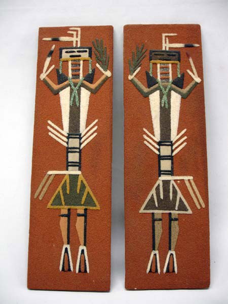 Native American Arrow People Yei Sand Paintings: 2 Native American Arrow People Yei Sand paintings. Signed on the back, ''B.H.'' Cuba, NM. Each measures 13''x4''. Buyers Pay Actual Shipping and Handling Charges(see terms and conditions for more info