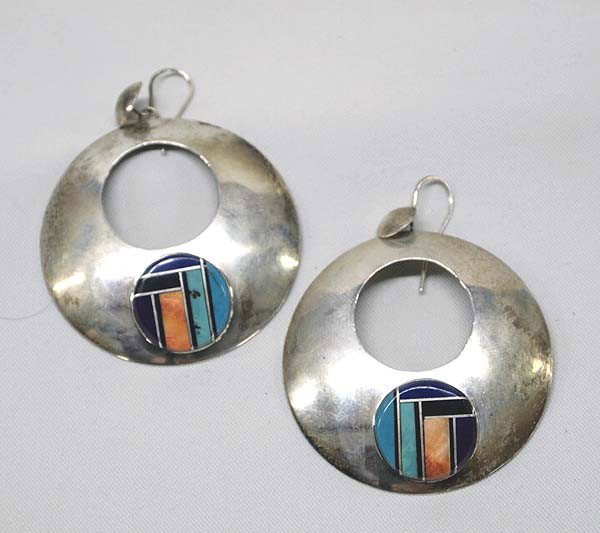 Navajo Inlay Silver Pierced Earrings: Navajo Inlay Silver Pierced Earrings, inlay turquoise,lapis, sugilite & Coral. Measures approx. 2.5 x 2.25". Buyers Pay Actual Shipping and Handling Charges(see terms and conditions for more informati