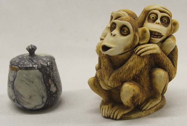 2 Unusual Ring Holders: 2 Unusual Ring Holders, Small blue pot is made of ashes from Mount St. Helens and monkey ring holder is resin composition, largest measures approx. 2.5''H x 2.25''diameter. Buyers Pay Actual Shipping