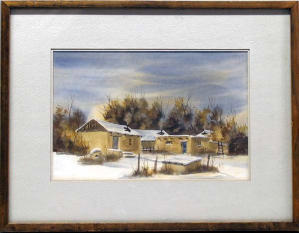 Original Watercolor by Patricia Loree: Original Watercolor of Snowy Scene of Southwestern Home and Horno Oven by Patricia Loree, signed, matted and framed. Informational piece on artist on back of picture. Visual measures approx. 9'' x 14'