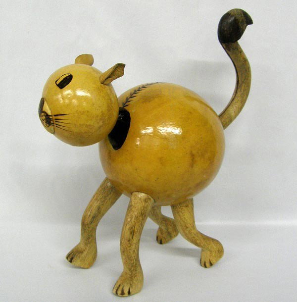 Wood and Gourd Bobble Head Folk Art Cat: Wood and Gourd Bobble Head Folk Art Cat. Measures approx. 13.5''Hx11.5''Lx6''W. Buyers Pay Actual Shipping and Handling Charges(see terms and conditions for more information).