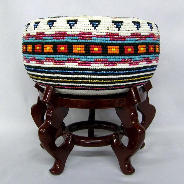 Wooden Bowl on Stand Beaded by Kills Thunder: Wooden Bowl on Stand Beaded by Kills Thunder. Bowl and stand together measure approx. 11''H, bowl is 5.5''Hx9.5''W. One abalone bead is missing on the top. Buyers Pay Actual Shipping and Handling Char
