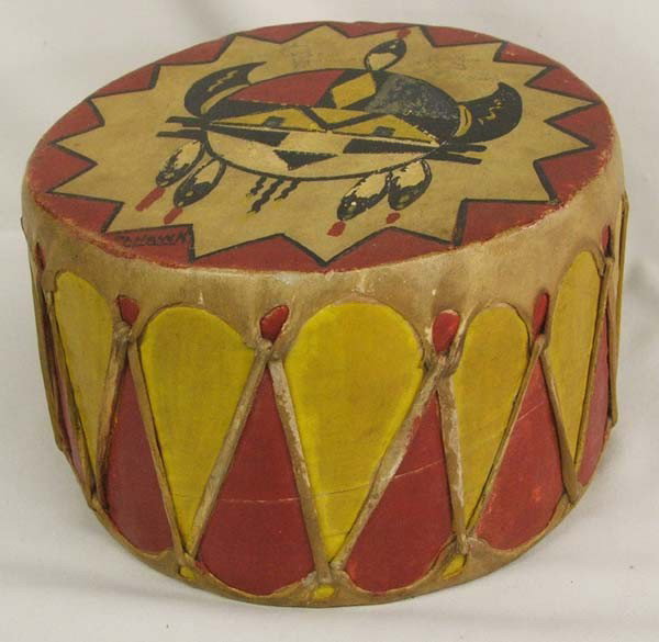 1940-50 Native American Pueblo Drum by Hawk: 1940-50 Native American Pueblo Drum. Measures approx. 8''circumference x 5''H. Some loose leather on handle. On the back says: To Patricia from Commodore Walt U-S-N 9-21-50. Buyers Pay Actual Shipping