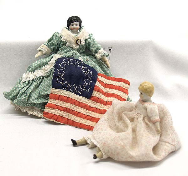 Vintage Betsy Ross Doll and Assistant: Vintage Betsy Ross Doll and Assistant, Betsy Doll has needle and thread and flag quilt, measures approx. 6.5'' x 4''. Buyers Pay Actual Shipping and Handling Charges(see terms and conditions for more