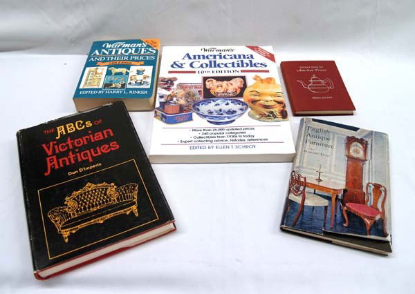 5 Books On Collecting, 2 are Signed By Author: 5 Books On Collecting, 2 are Signed By Author. 1. Pocket Book of American Pewter By Celia Jacobs (signed). 2. Warman's Antiques And Their Prices 24th Edition. 3. English Antique furniture By Margery D