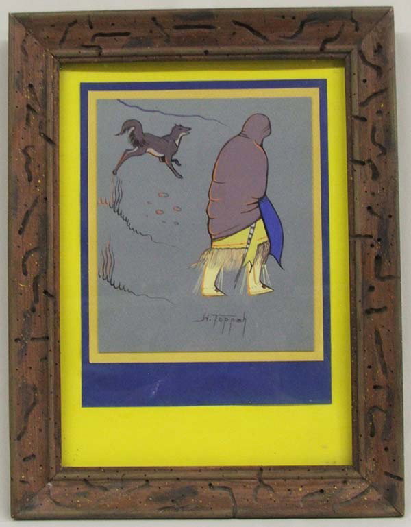 Original Native American Peyote Painting By Toppah: Original Native American Peyote Painting By H. Toppah. Framed in a wood frame, matted, under glass. Visual measures approx. 8 1/3''H x 7 1/4''W. Painted on artist board. Buyers Pay Actual Shipping and
