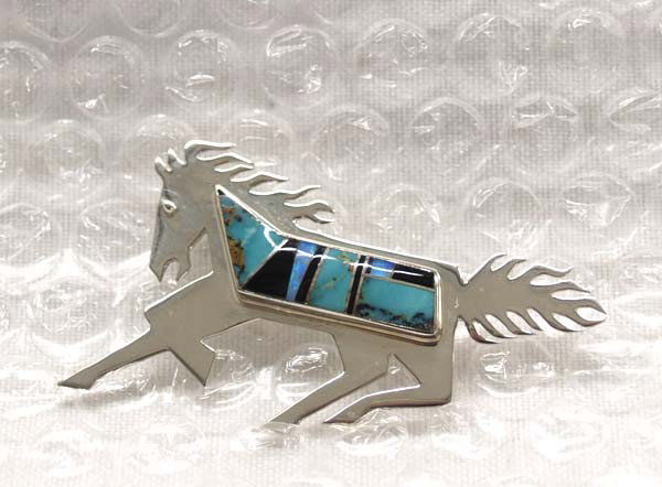 Native American Navajo Inlay Horse Pin by Vandever: Native American Navajo Silver, Turquoise & Jet Inlay Horse Pin by Robert Vandever, measures approx. 2.5''L x 1 3/8''W at widest point. Buyers Pay Actual Shipping and Handling Charges(see terms and con