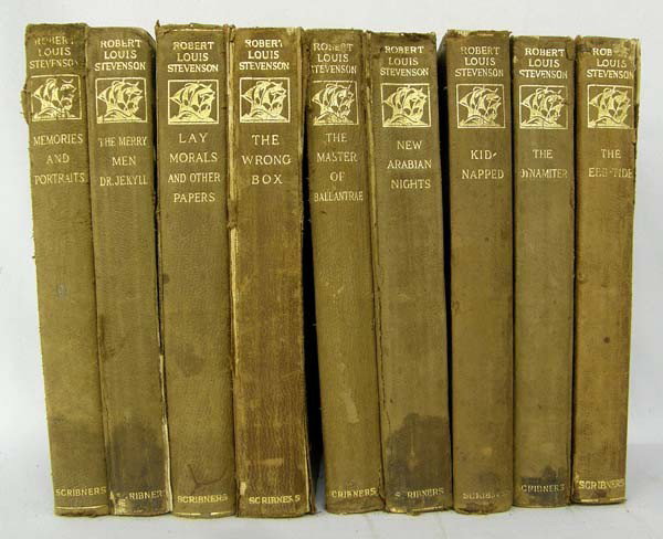 Nine Robert Louis Stevenson Books from 1905-1911: Nine Robert Louis Stevenson Books from 1905-1911. Limp Leather with Gold, Charles Scribner's Sons. Titles: New Arabian Nights, Kidnapped, The Dynamiter, The Ebb-Tide, Lay Morals and Other Papers, The 