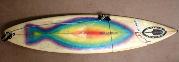 1950s Hawaiian Blade Surf Board by Eric Arakawa: 1950s Hawaiian Blade Surf Board by Eric Arakawa. Signed on top of board, ''Eric Arakawa'' and ''For Mark.'' Lightweight board. Measures 79''x19''. Buyers Pay Actual Shipping and Handling Charges(see t