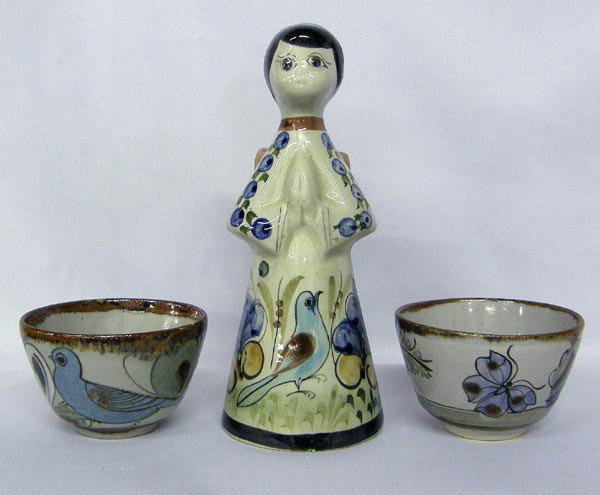 Tonala Angel Candleholder and 2 Tonala Cups: Tonala Angel Candleholder and 2 Tonala Cups. Angle measures approx. 8.5''Hx4''W, cups measure approx. 2.5''Hx4''W. Buyers Pay Actual Shipping and Handling Charges(see terms and conditions for more inf