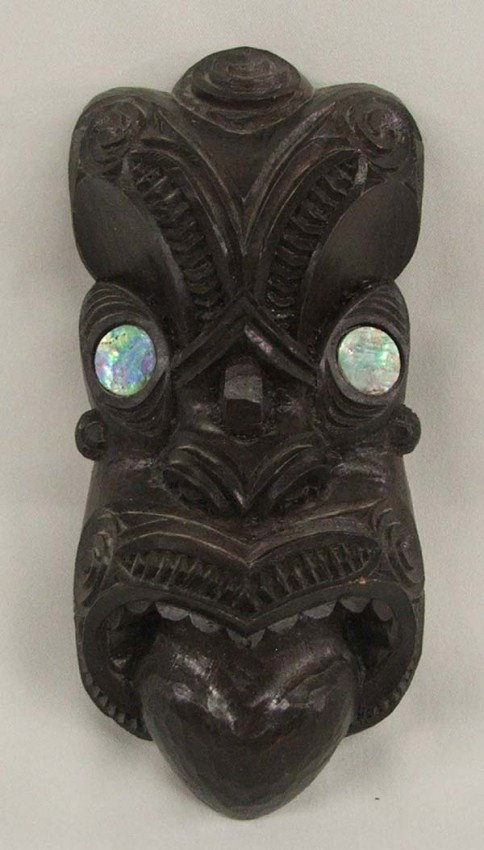 New Zealand Maori Mask Hand Crafted: New Zealand Maori Mask Hand Crafted in New Zealand by Benjes Ind. Ltd., from an original by Tuti Tukaokao. Measures approx. 7 1/2''H x 3 1/2''W. Buyers Pay Actual Shipping and Handling Charges(see ter