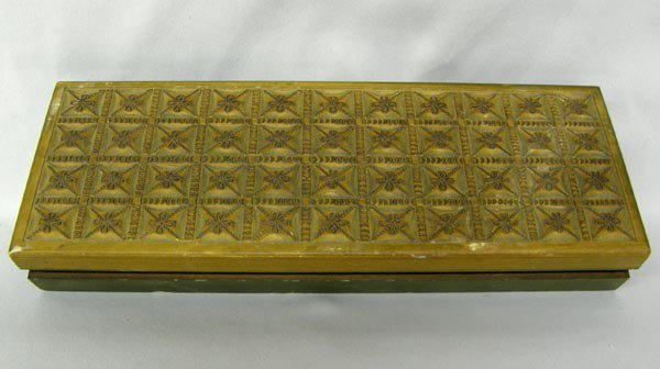Vintage Wooden Jewelry Box from Folklorico/Scottsdale: Vintage Wooden Jewelry Box from Folklorico in Scottsdale, AZ. Carved Wood Lid. Measures 11''Lx4''Wx1.3''H. Small chip on bottom edge. Buyers Pay Actual Shipping and Handling Charges(see terms and cond