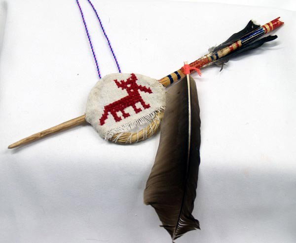 Huichol Indian Prayer Stick W/ Turkey Feathers: Huichol Indian Prayer Stick W/ Turkey Feathers, Embroidered Deer, measures approx. 12.5''L x 3''W at widest. Buyers Pay Actual Shipping and Handling Charges(see terms and conditions for more informati