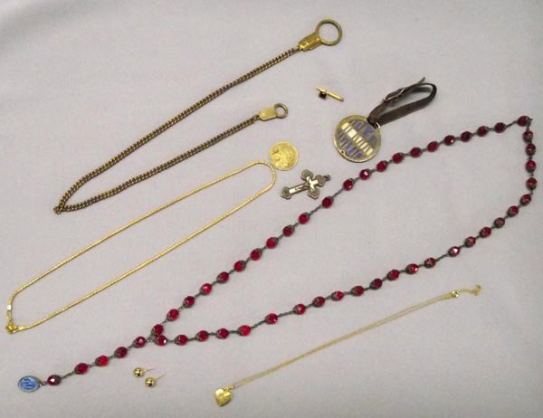 Collection of Estate Jewelry: Lot Of Estate Jewelry. Longest is the Rosary, measures approx. 30'' not including the drop. Antique watch fob, African coin, etc. Buyers Pay Actual Shipping and Handling Charges(see terms and conditio