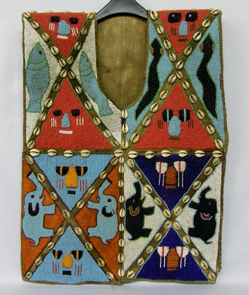 African Zoomorphic Fully Beaded Ceremonial Vest: African Zoomorphic Fully Beaded Vest. Beaded on both sides. Measures approx. 26 1/2'' x 19''. Buyers Pay Actual Shipping and Handling Charges(see terms and conditions for more information).