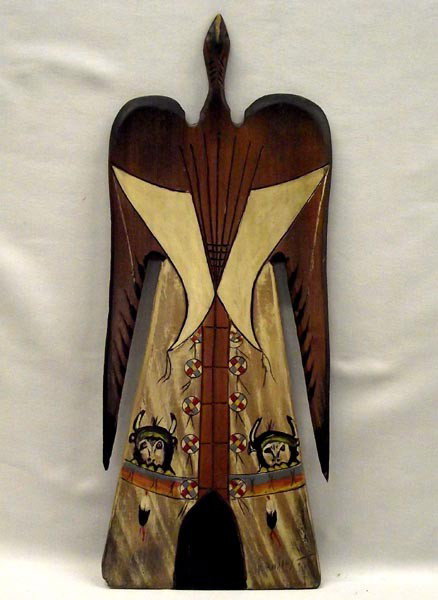 Native American Kiowa Wooden Peyote Bird By Bailey: Native American Kiowa Signed Peyote Bird Wooden Handpainted Folkart By R. Bailey. Measures approx. 15'' x 6''. Small chip off one corner and small crack in wood on bottom left hand side. Buyers Pay Ac