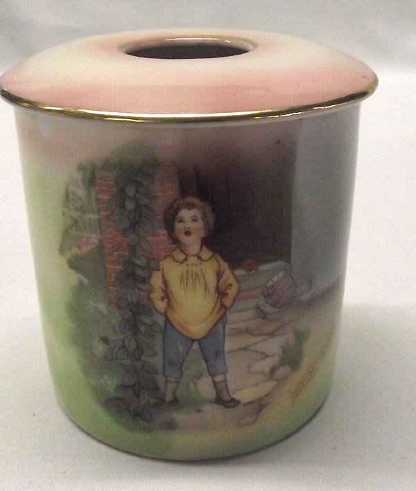 Antique Royal Bayreuth Hair Receiver: Antique Bavarian, Royal Bayreuth hair receiver with ''Jack and the Beanstock'' design. 3.5'' H X 3'' diameter, good condition. Buyers Pay Actual Shipping and Handling Charges(see terms and conditions 