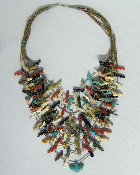 Vintage Native American Navajo Fetish Necklace: Vintage Native American Navajo 10 Strand Stone & Shell Fetish Necklace, shell heishi beads, 2 strands need to be repaired and a few of the fetishes have minor damage, center fetish is a bird and measu