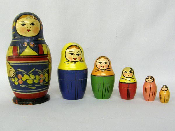 Vintage Babushka Russian Nesting Dolls: Vintage Babushka Russian Nesting Dolls. 6 pieces. Hallmarks on the bottom. Measures approx. 5''H. Buyers Pay Actual Shipping and Handling Charges(see terms and conditions for more information).