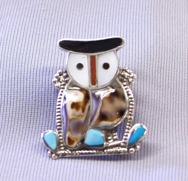 Native American Zuni Owl Pin/Pendant by P. Natewa: Native American Zuni Inlay Silver, Jet, Turquoise, Abalone, MOP, Coral Owl Pin/Pendant by P. Natewa, measures approx. 1.5''L x 1 3/8''W, largest stone measures 1'' x 3/8''. Buyers Pay Actual Shipping 