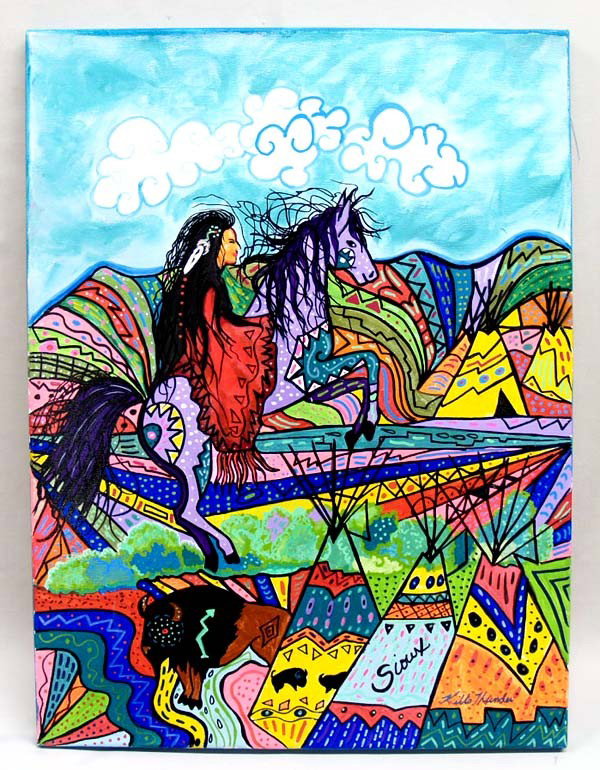 Original Painting by Kills Thunder: Original Painting by Kills Thunder, Warrior Woman. This Sioux woman has many visions. Home awaits the woman traveler. 24''H x 18''W. Buyers Pay Actual Shipping and Handling Charges(see terms and condi