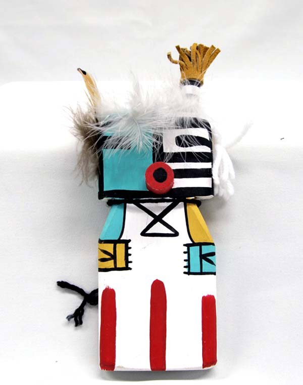 Native American Hopi Flat Clown/Hunter Kachina: Native American Hopi Flat Clown/Hunter Kachina. Flat doll Kachina given to young girls. Signed on bottom ''Hunter & Clown Ted Puhuyesva. Measures 7.75''x3''. Buyers Pay Actual Shipping and Handling Ch
