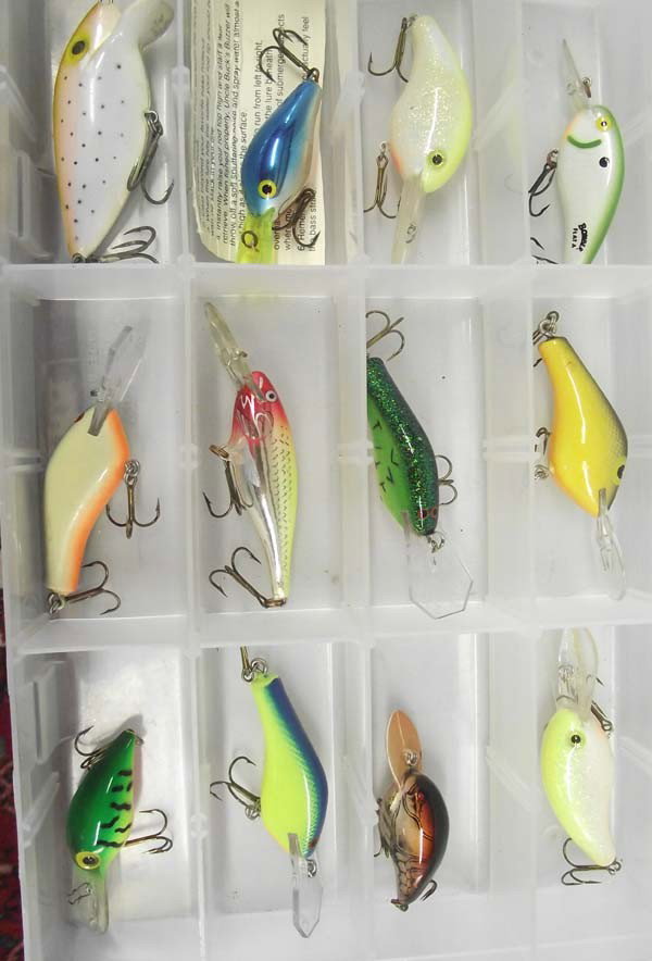 Fishing Lures: Collection of Fishing Lures. To include: Rapala, Fat Rap, Ireland. Mark Davis, Bomber Flat A. Poe's 300. Poe's Elite. Thin Fin. To name a few. Largest Lure measures approx. 3 3/4'' long. All in plasti
