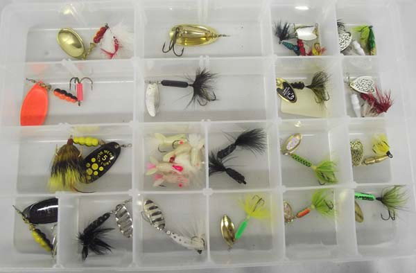Fly Fishing Lures & Hooks: Collection of Fly Fishing Lures & Hooks. Mepps, made in France. Blue Fox, super Vibrax, made in Finland. Mepps, Thunder Bug, Mepps, Aglia. Rooster Tail. Vibric Rooster Tail. To name just a few. Larges