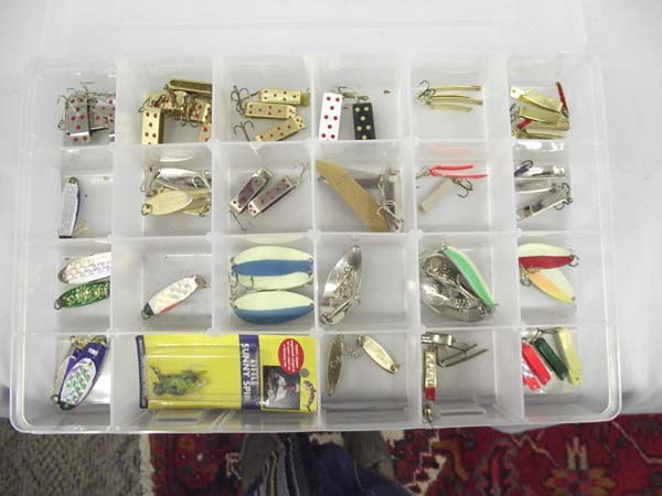 Fishing Lures: Collection of Fishing Lures. Little Sunny Spin, Little Cleo Wigl, Kastmaster. To name a few. All in plastic box. Buyers Pay Actual Shipping and Handling Charges(see terms and conditions for more infor